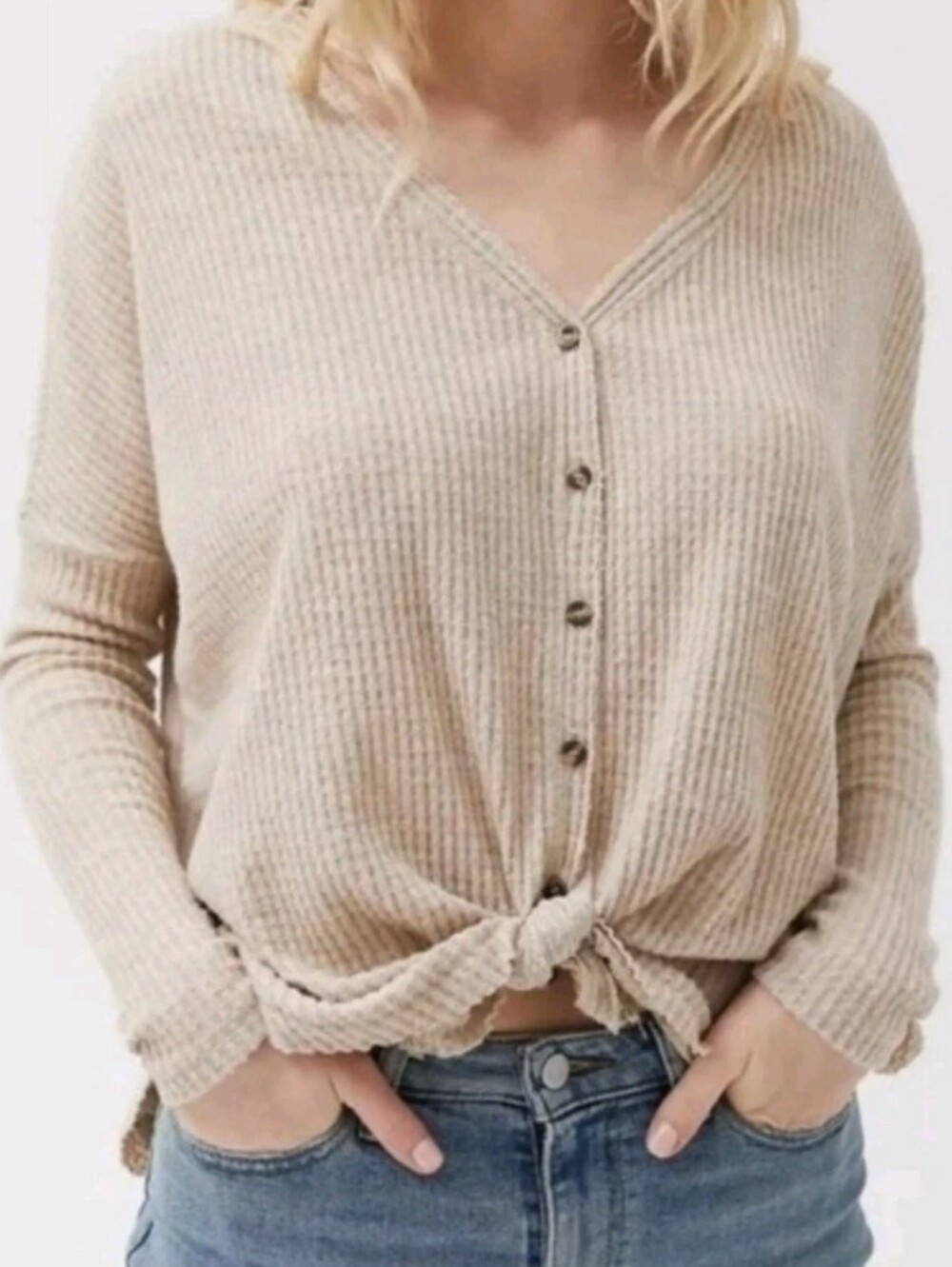 UO Out From Under Womens Beige Jojo Oversized Thermal Waffle Cardigan Medium